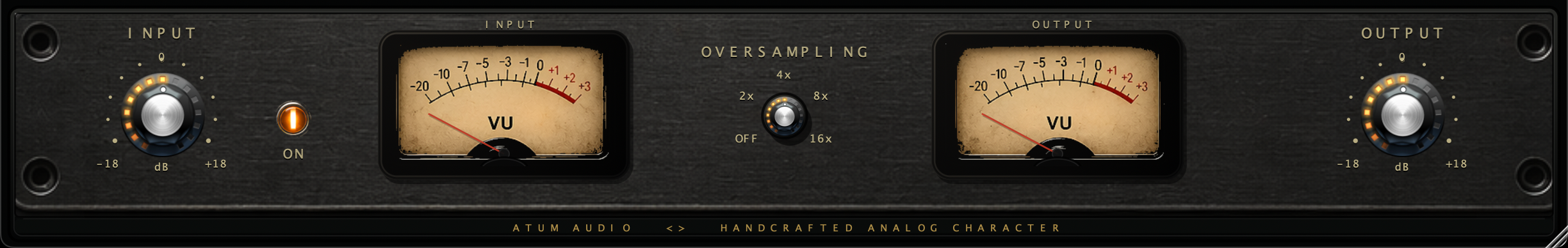 Atum Analog IO Rack plugin interface with input, output, VU meters, and oversampling control